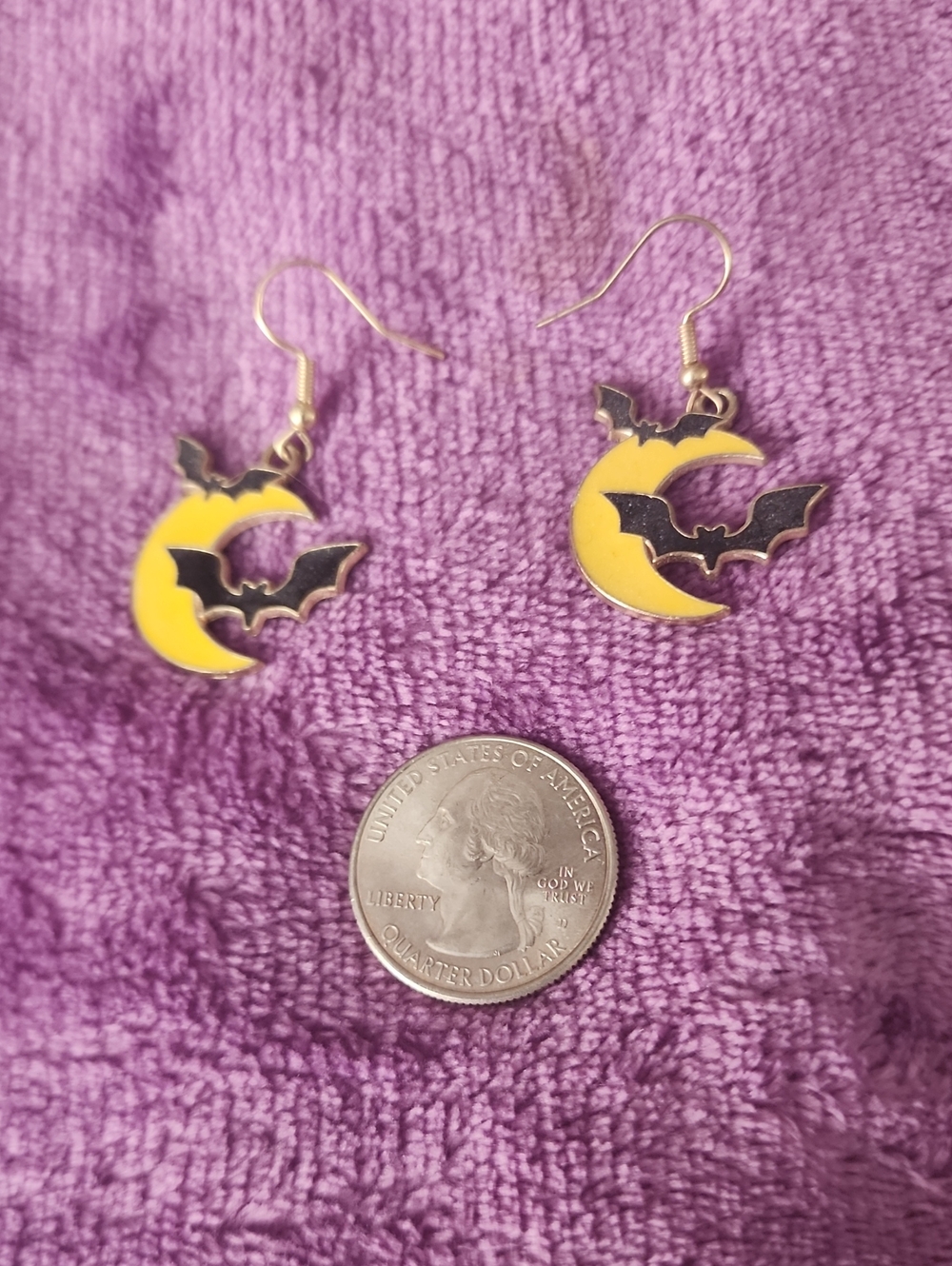 Yellow Crescent Moon & Black Bat Dangle Earrings - Unbranded